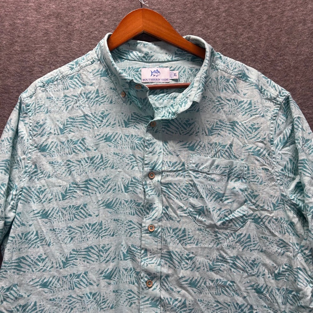 Southern Tide Mens XL Teal Tropical Palm‎ Leaf Linen Rayon Short Sleeve Shirt